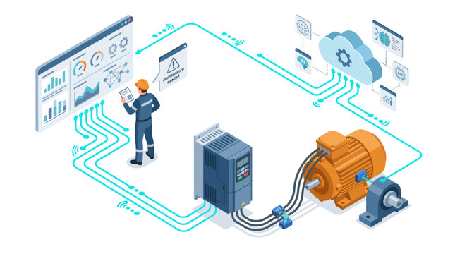 Isometric industrial IoT predictive maintenance concept with technician monitoring electric motor and VFD drive dashboard for smart factory digital transformation and cloud data analytics
