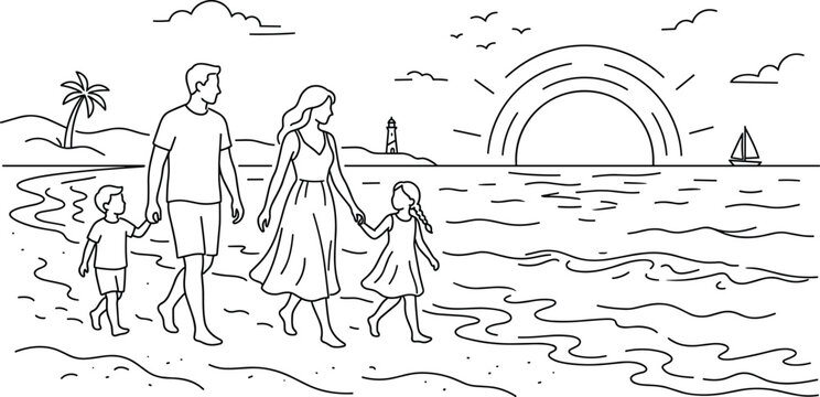 Family walking along shore at sunset with parents and two kids holding hands near ocean.