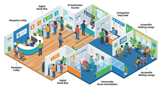 Isometric vector of a modern public service center with diverse citizens using digital kiosks, reception, and healthcare clinics