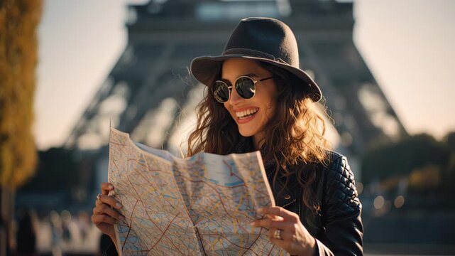 Footage of a fashionable young woman in hat and sunglasses reading a city map with the Eiffel Tower in the background, warm golden hour light and shallow depth of field
