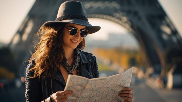 Footage of a fashionable female traveler in hat and sunglasses reading a paper map with the Eiffel Tower behind her, Paris, France
