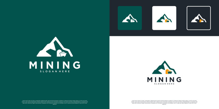 Mining concept logo with rock mountain symbol, resource excavation, natural products, vector graphic illustration.