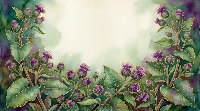 Watercolor burdock flowers frame with purple blooms and green leaves on light background, copy space for text or design.