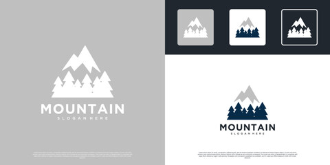nature symbols with forest and mountain peak concepts, camping, nature explorers, vector design template. © dhulpikir