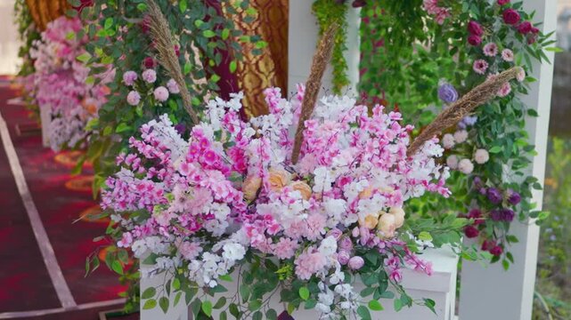 Cinematic Panning Shot of Floral Table Centerpiece for Wedding Decoration