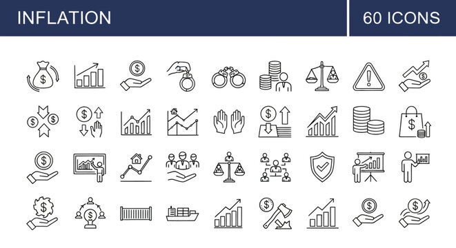 Set of 60 Icons Illustrating Inflation and Economic Concepts with Growth Charts and Financial Symbols