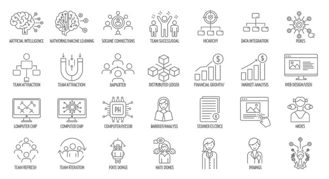 Artificial intelligence and technology icons set for digital innovation and data analysis