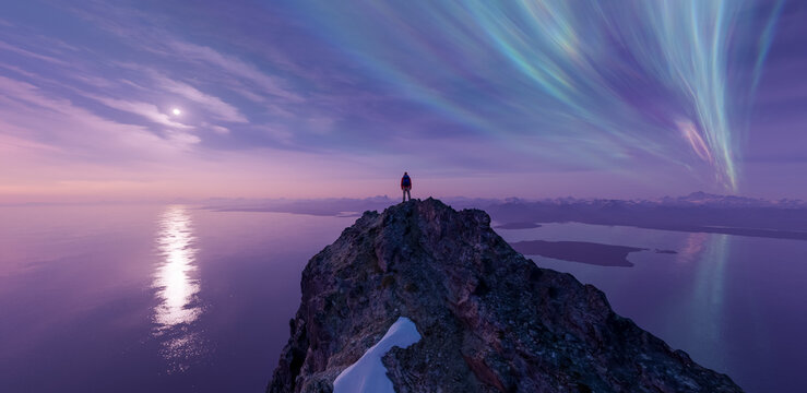 Hiker On Mountain Peak Under Aurora Borealis Over Ocean At Dusk &mdash; Inspirational Landscape 3D Rendering