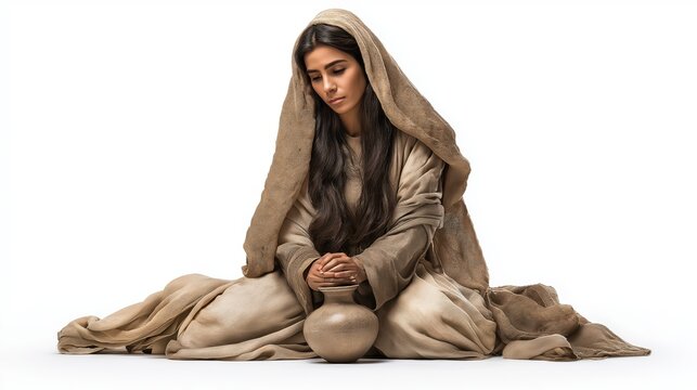 Mary of Bethany kneeling in devotion at the feet of Jesus, a beautiful expression of worship, humility, and wholehearted love in the biblical story of faith (John 12:3).