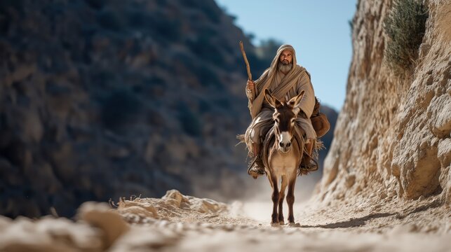 Balaam striking his donkey on the mountain road after it refuses to move, unaware of God&rsquo;s angel blocking the path in the biblical story of divine warning (Numbers 22:21&ndash;35).