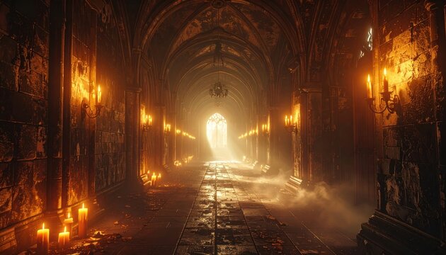 Mysterious Gothic Hallway with Candlelight and Fog