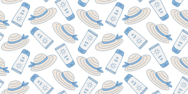 Cute seamless beach pattern with hats, sunscreen, flip flops, tote bags and sunglasses, hand drawn vector doodles, coastal mediterranean aesthetic, pastel blue and beige colors, summer vacation textil