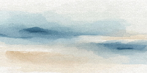 Abstract watercolor background of a tropical paradise beach with turquoise sea waves, golden sand, and a bright blue sky filled with summer clouds along the ocean horizon © Sakib
