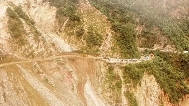 Massive Landslide on Indian Mountain Road with Traffic Jam and Blocked Highway. Severe Mudslide and Soil Erosion in Himalayan Mountains.