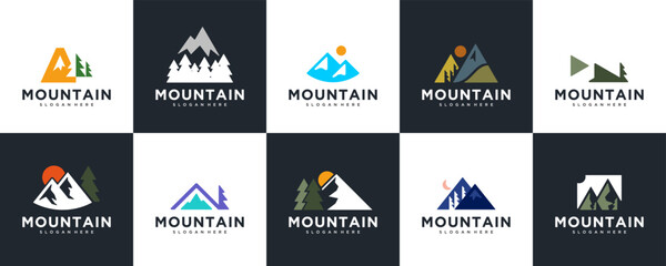 Fototapeta premium A collection of wild explorer logos with the concept of mountains and pine trees, adventure, outdoors, graphic vector inspiration.