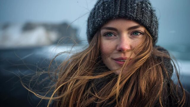 Cinematic close-up footage of a young woman wearing a warm knit hat and scarf, hair blowing in cold wind with light snowflakes, winter outdoors background