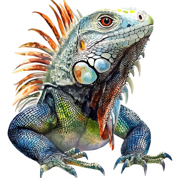 Iguana, watercolor clipart showcasing whimsical details and harmonious color flow, isolated on a white background.