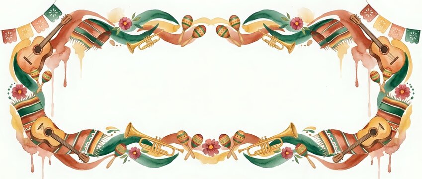 Watercolor Mexican fiesta frame border with guitars, maracas, trumpets, ribbons and flowers in warm festive colors, isolated on white background.