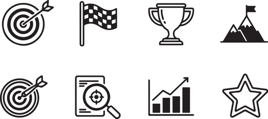 Fototapeta premium Set of eight motivational vector icons with target, race flag, trophy, mountain, and star Vector