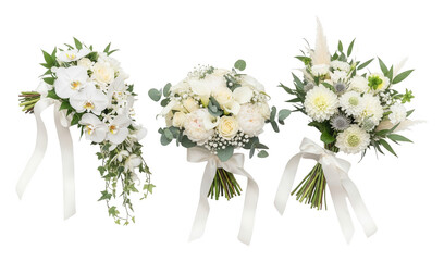Obraz premium Three assorted white bridal flower bouquets with satin ribbons isolated transparent background image