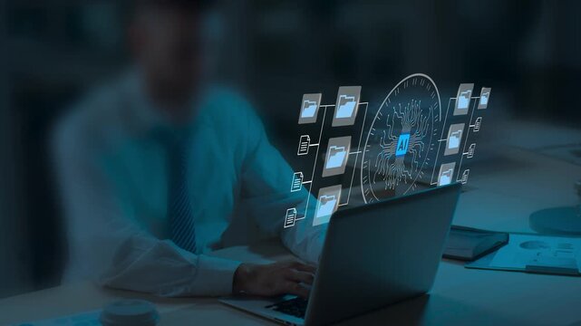 Ai Technology. Automation Software to Archiving and Efficiently Manage and Information Files. Document Management System.internet Technology Concept  a Man Using Laptop with Virtual Screen