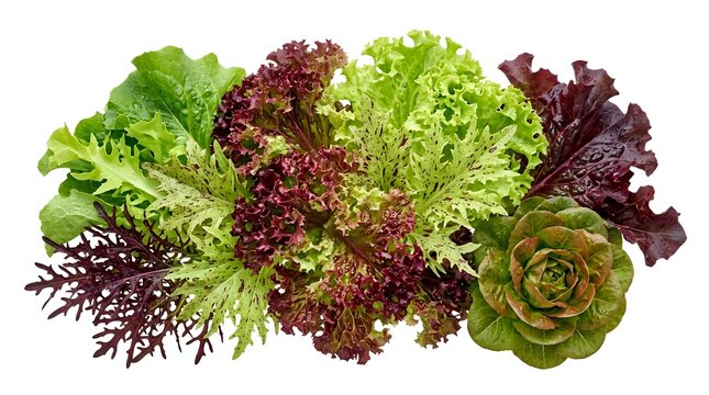Assorted fresh lettuce varieties with green and red leaves isolated on white background, perfect for healthy food and nutrition design projects.