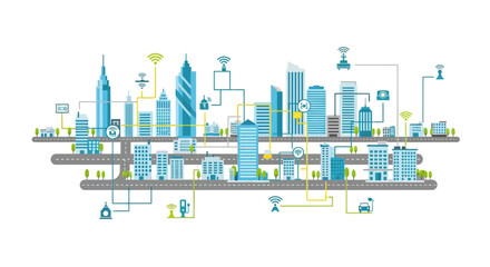 Obraz premium Smart City Skyline Connected by Technology and IoT