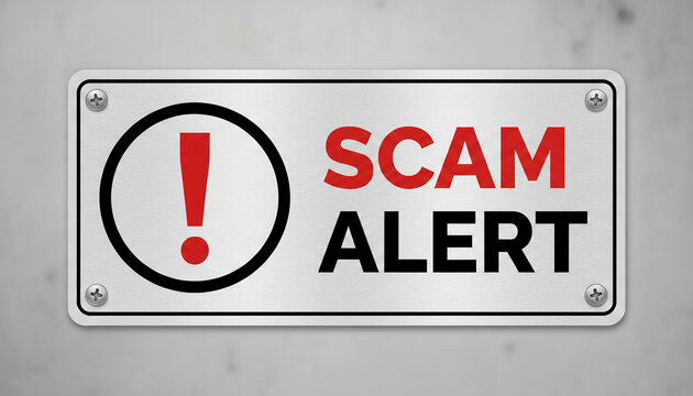 Metal sign with an exclamation mark and "SCAM ALERT" text, warning of fraudulent activity, symbolizing danger and caution, suitable for security concepts