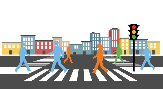 Pedestrians crossing street at crosswalk with traffic light, city buildings background