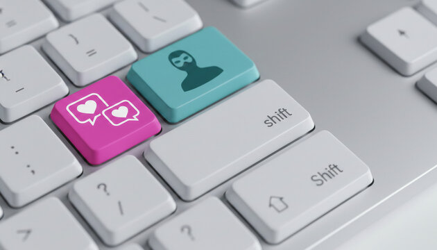 Close-up of a computer keyboard with a pink key showing heart icons and a teal key with a masked figure, representing online communication and digital threats