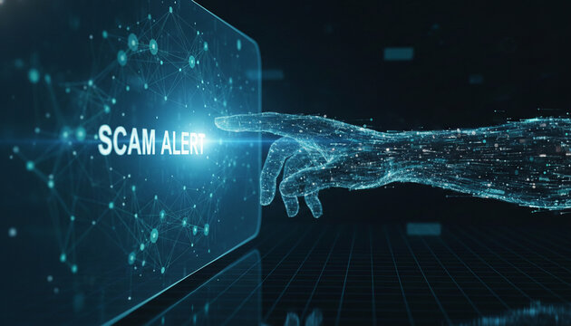 Digital hand touches a screen displaying "SCAM ALERT" with a network of glowing nodes, symbolizing cybersecurity and digital threat awareness