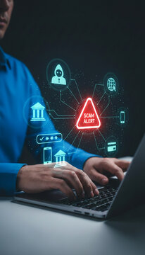 Digital graphic illustrating a scam alert with icons for banking, hacking, and online transactions, symbolizing cybersecurity threat awareness and digital safety.