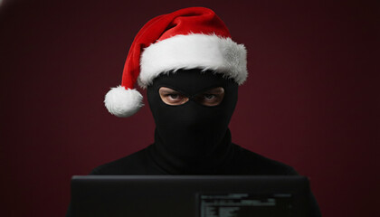 Obraz premium A person wearing a black balaclava and Santa hat looks at a laptop screen, symbolizing a holiday cyber threat or digital festive mischief