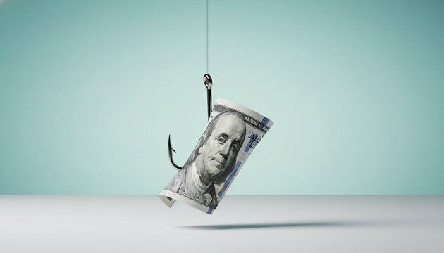 A dollar bill on a fishing hook, symbolizing financial temptation, risk, or a lure for money, representing the concept of being caught by financial opportunities or traps