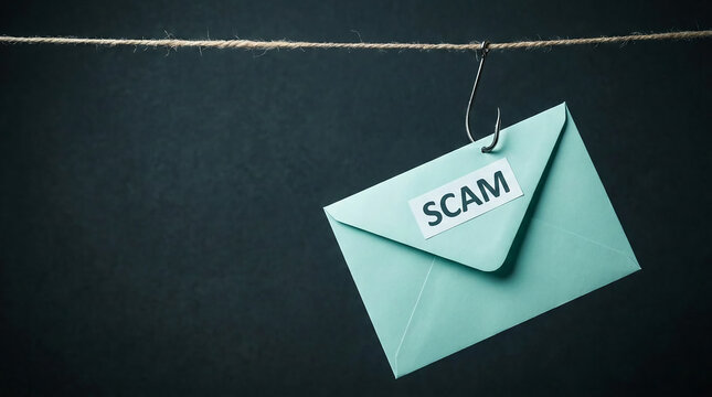 A teal envelope labeled SCAM hangs from a fishing hook on a string, symbolizing deception and danger, suitable for crime or security themes