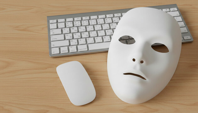 A white theatrical mask rests on a wooden desk next to a computer keyboard and mouse, symbolizing anonymity, identity, and digital disguise