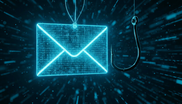 Neon blue envelope filled with binary code, hooked by a fishing hook, symbolizing online deception and data theft, conceptualizing cybersecurity threats.