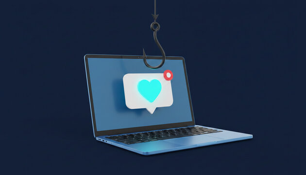 A fishing hook dangles above a laptop screen displaying a heart notification, symbolizing online danger and deceptive tactics, representing digital threats.