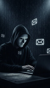 Anonymous figure in a white mask and hoodie works on a laptop with glowing envelopes floating around, symbolizing digital communication and cyber threats in a dark, rainy environment.