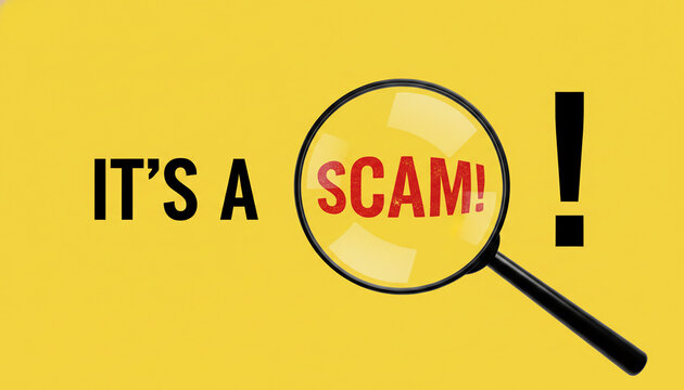 A magnifying glass zooms in on the word "SCAM" in red text, with "IT'S A" preceding it and an exclamation mark following, symbolizing deception and fraud detection.