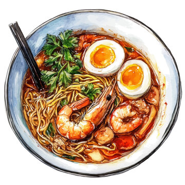 watercolor painting of Hokkien Mee, isolated on a white background.