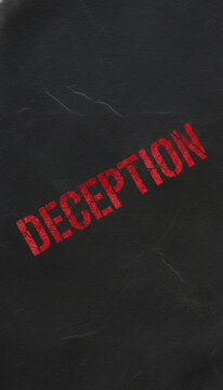 Stenciled red word "DECEPTION" on a textured dark gray background, symbolizing untruth, falsity, and betrayal, ideal for thematic concepts.