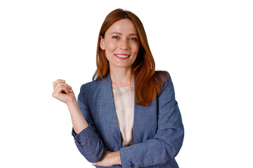 Obraz premium Confident red-haired businesswoman smiling, looking at camera with friendly expression, isolated on transparent background