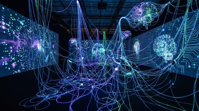 Glowing fiber optic cables form an intricate digital brain structure in this immersive art installation photo capturing complex connectivity and modern technology in a dark space