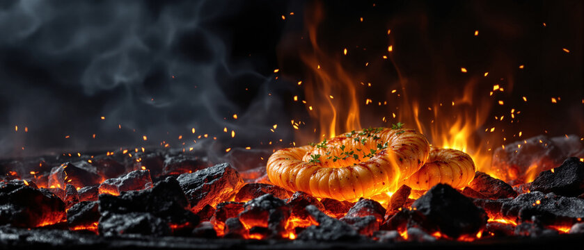 Azerbaijani bread baking on hot coals with flames and smoke  