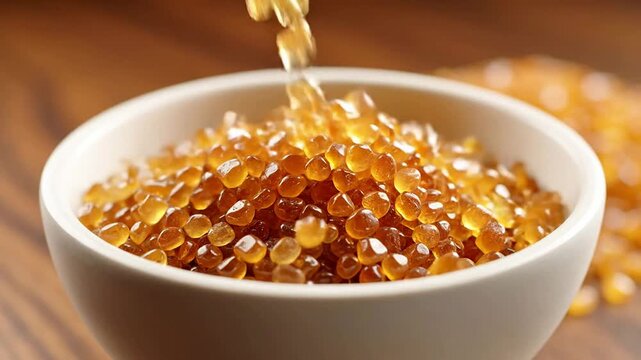 Close-Up Of Golden Tapioca Pearls Being Poured Into A White Bowl, Perfect For Desserts And Beverages