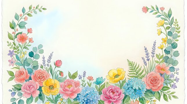 Watercolor floral frame with roses, wildflowers and greenery on white background. Spring botanical border for wedding invitations and greeting cards.