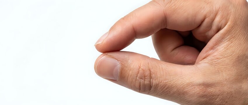 Close-up of a male hand pinching fingers together on a white background, showing a small or tiny amount gesture for concepts of precision.