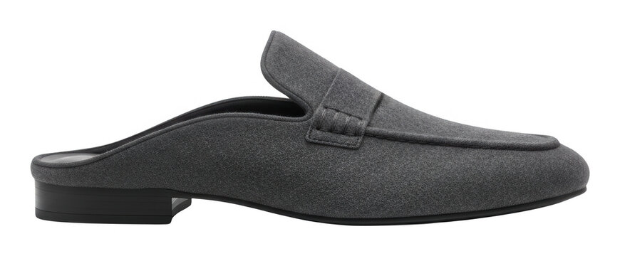 Stylish dark grey textured fabric mule loafer viewed from side with a low black isolated transparent background image