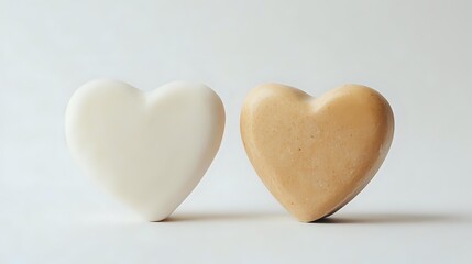 Obraz premium Two heart-shaped soap bars in cream and beige colors on white background for skincare, spa treatments, and romantic wellness concepts.